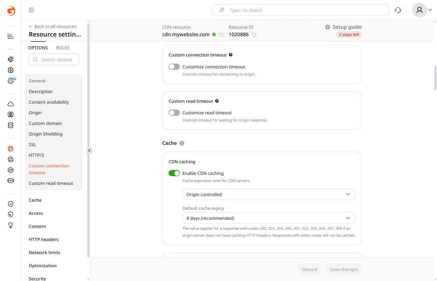 Custom connection timeout and Custom read timeout options in the resource settings