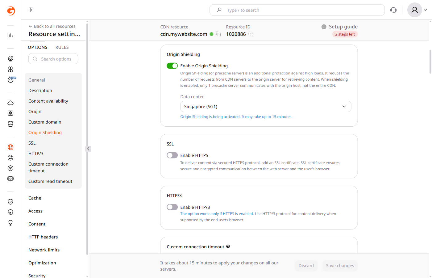 Activation notification indicating Origin Shielding is being activated