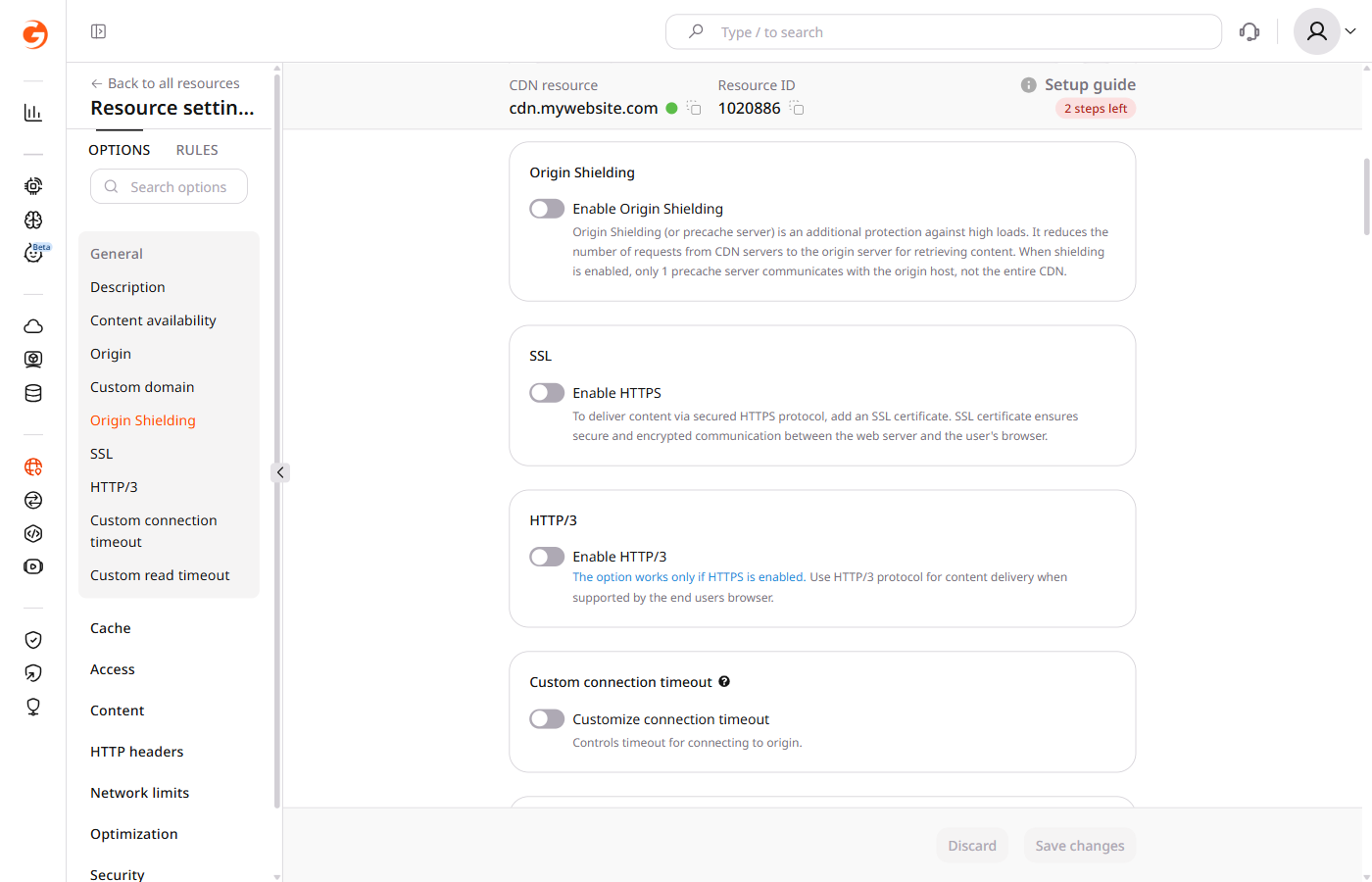 CDN resource settings with the Origin Shielding section showing the disabled Enable Origin Shielding toggle