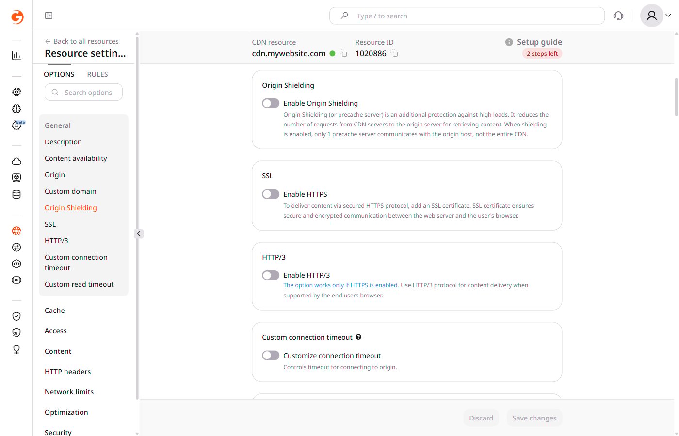 CDN resource settings with the Origin Shielding section showing the disabled Enable Origin Shielding toggle