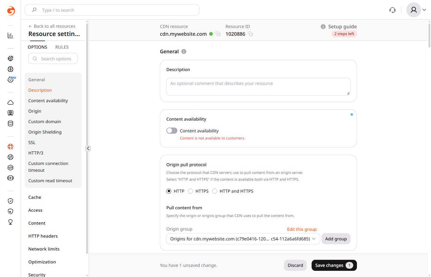 CDN resource settings with the Save changes button