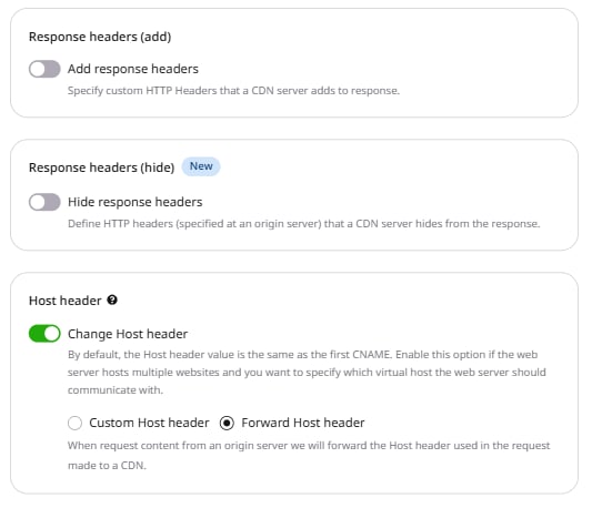 CDN resource settings with the Response headers add option expanded, showing Header name and Value fields