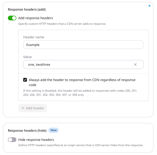 Response headers add form with combined comma-separated and multi-line values in the Value field