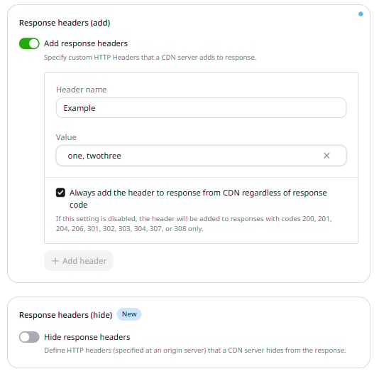 Response headers add form with combined comma-separated and multi-line values in the Value field
