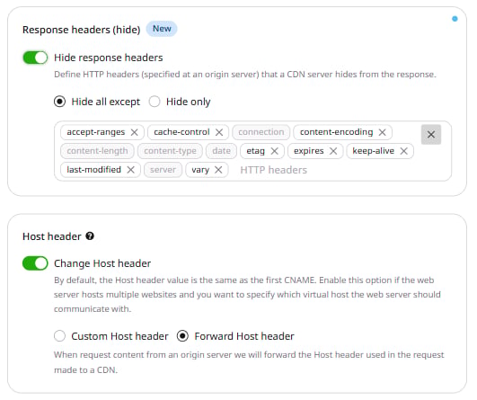 CDN resource settings with the Response headers hide option enabled, showing Hide all except and Hide only radio buttons