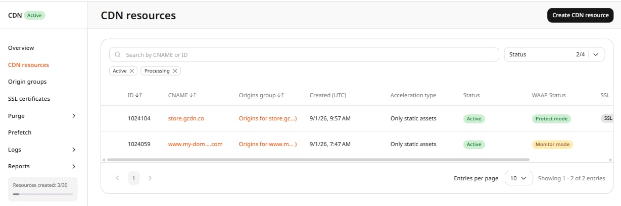 CDN resources list showing active CDN resources
