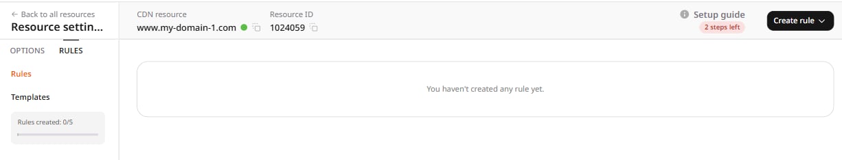 RULES tab showing the Create rule button and an empty rules list