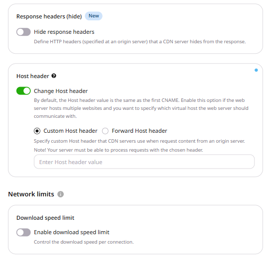 Host header section with Custom Host header selected, showing an input field for the host header value