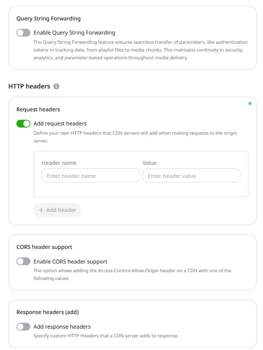 Request headers form with Header name and Value fields and the + Add header button
