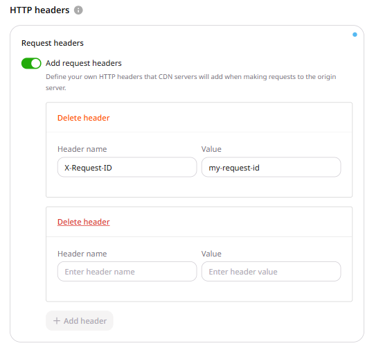 Multiple request header rows with filled Header name and Value fields