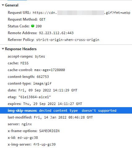 Browser DevTools response headers showing img-skip-reason with unsupported content type reason