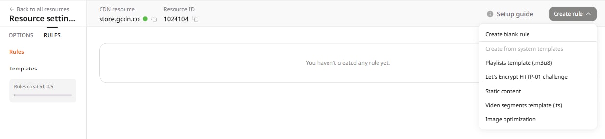 Create rule dropdown with Image optimization template selected