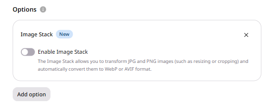 Rule creation page showing Image Stack option in the Options section