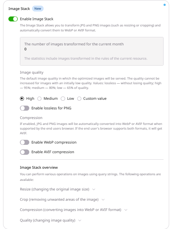 Image Stack settings expanded showing Image quality, Compression, and Image Stack overview sections