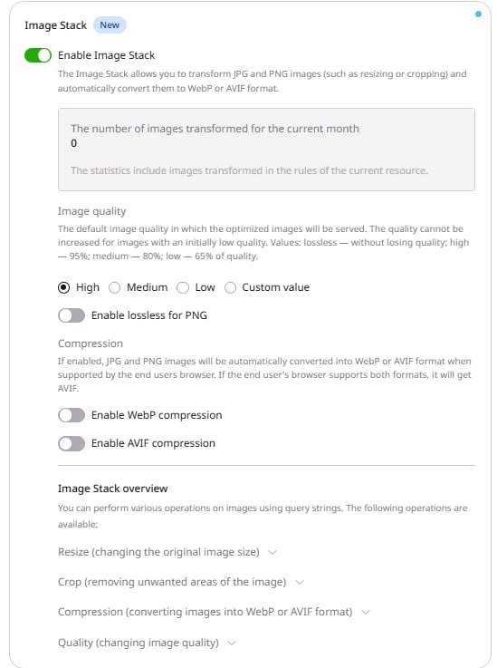 Image Stack settings expanded showing Image quality, Compression, and Image Stack overview sections
