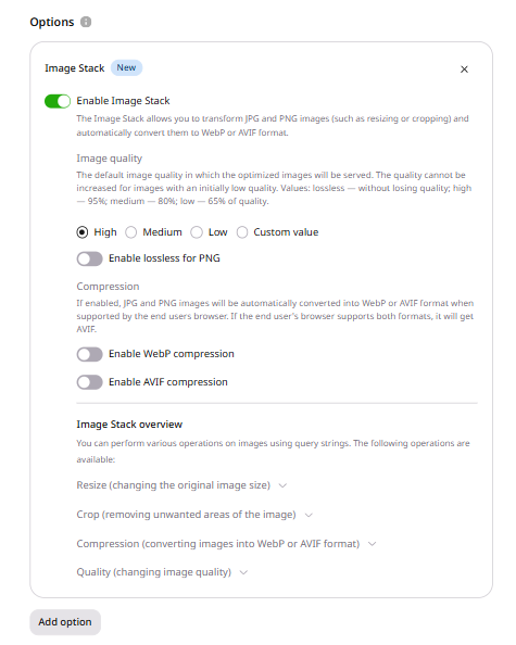 Image Stack section showing Image quality radio buttons with High selected and Enable lossless for PNG toggle