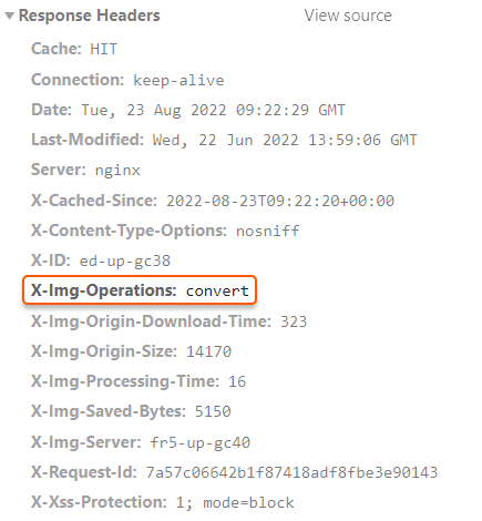 Browser DevTools Response Headers panel showing X-Img-Operations header with value convert highlighted