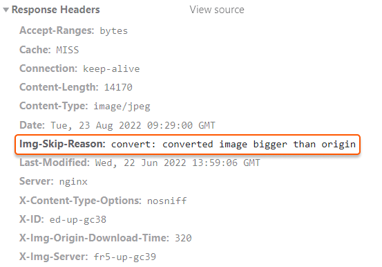 Browser DevTools Response Headers panel showing Img-Skip-Reason header