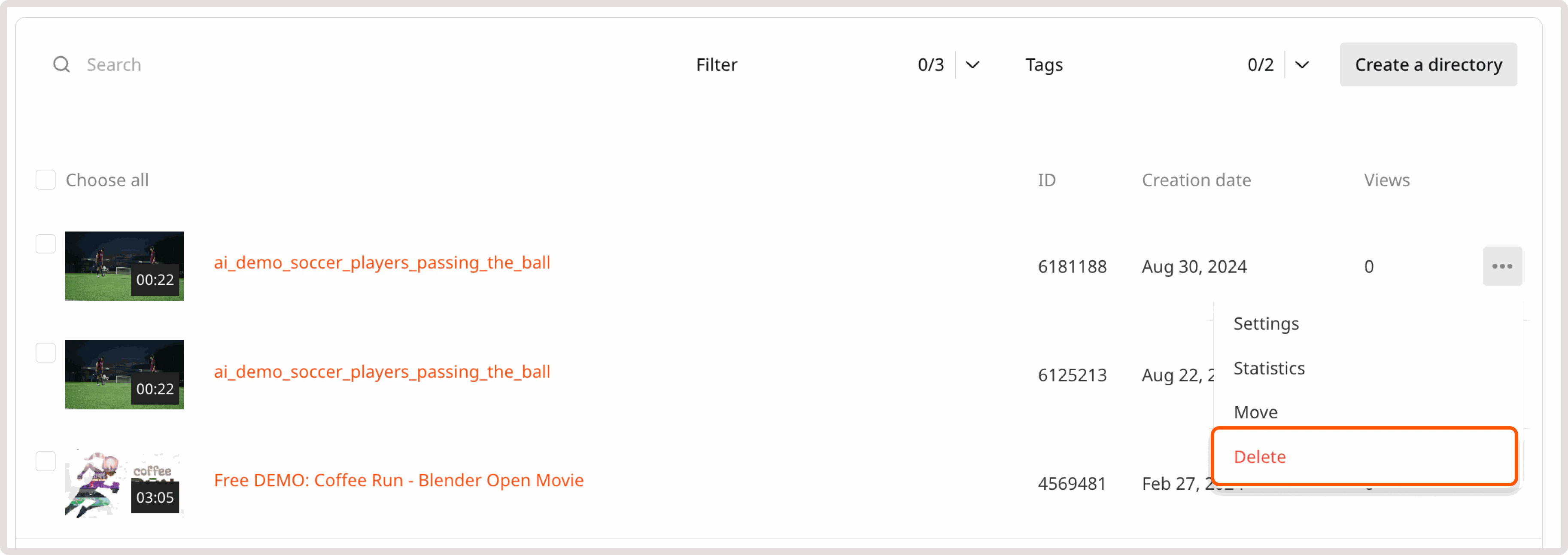 Delete video menu