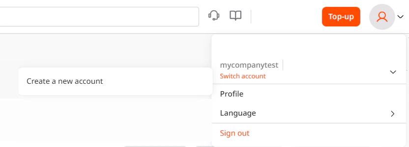 Create a new account option in the profile menu