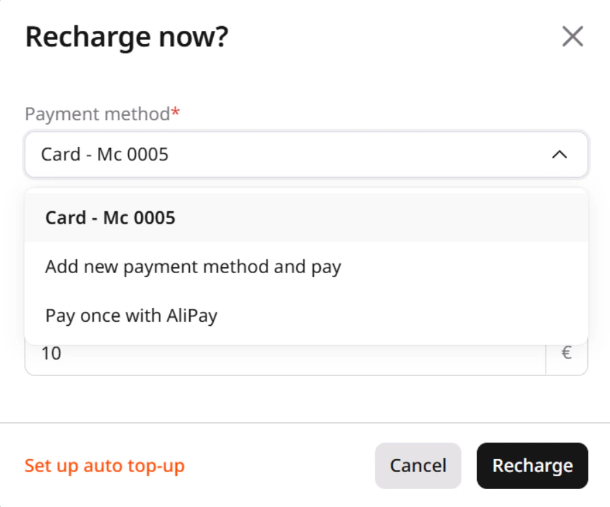 Recharge now window payment method