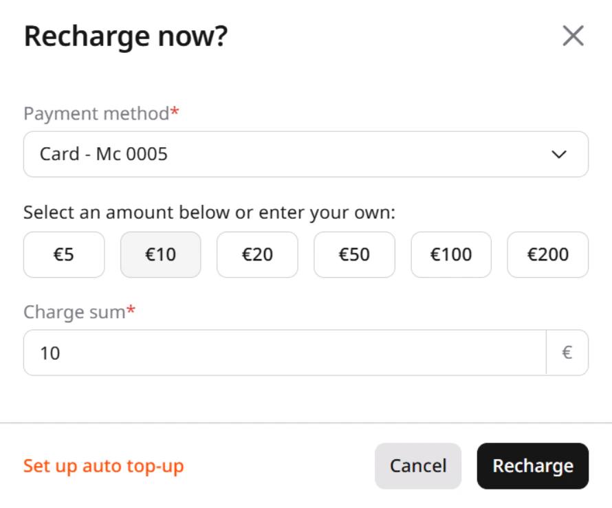 Recharge now window payment method