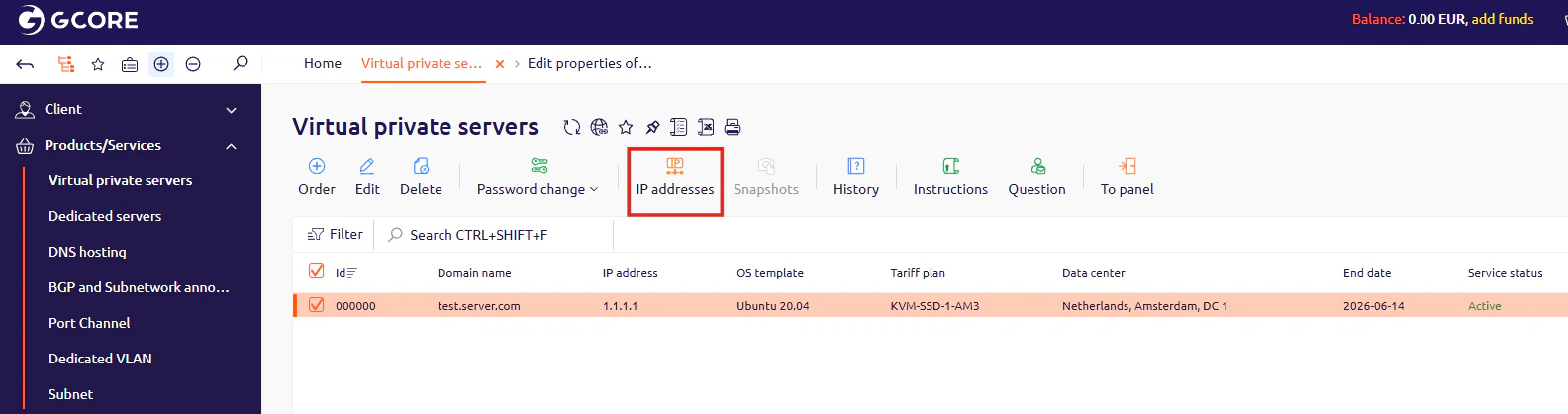 IP addresses tab