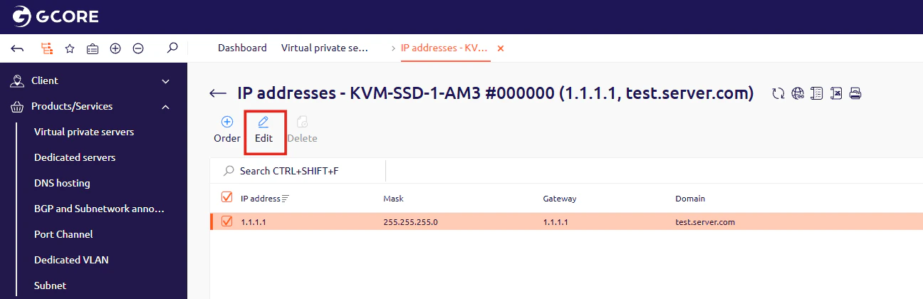Edit IP address window