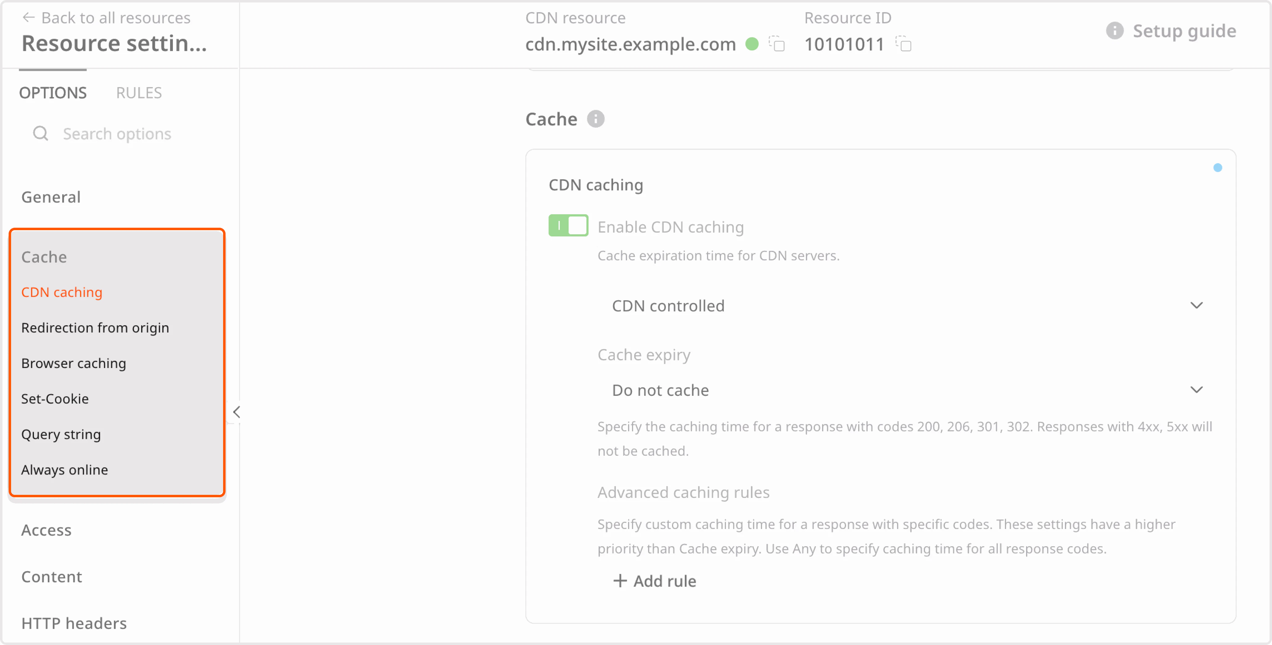 CDN cache settings