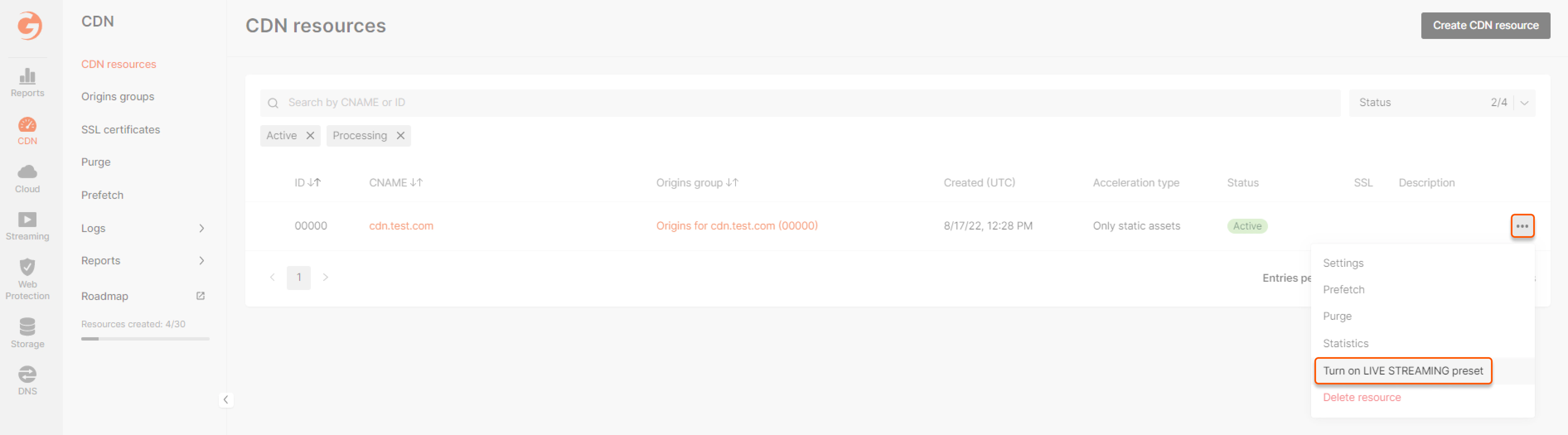 Turn on LIVE STREAMING preset