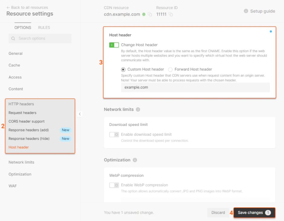 Resource settings in the control panel