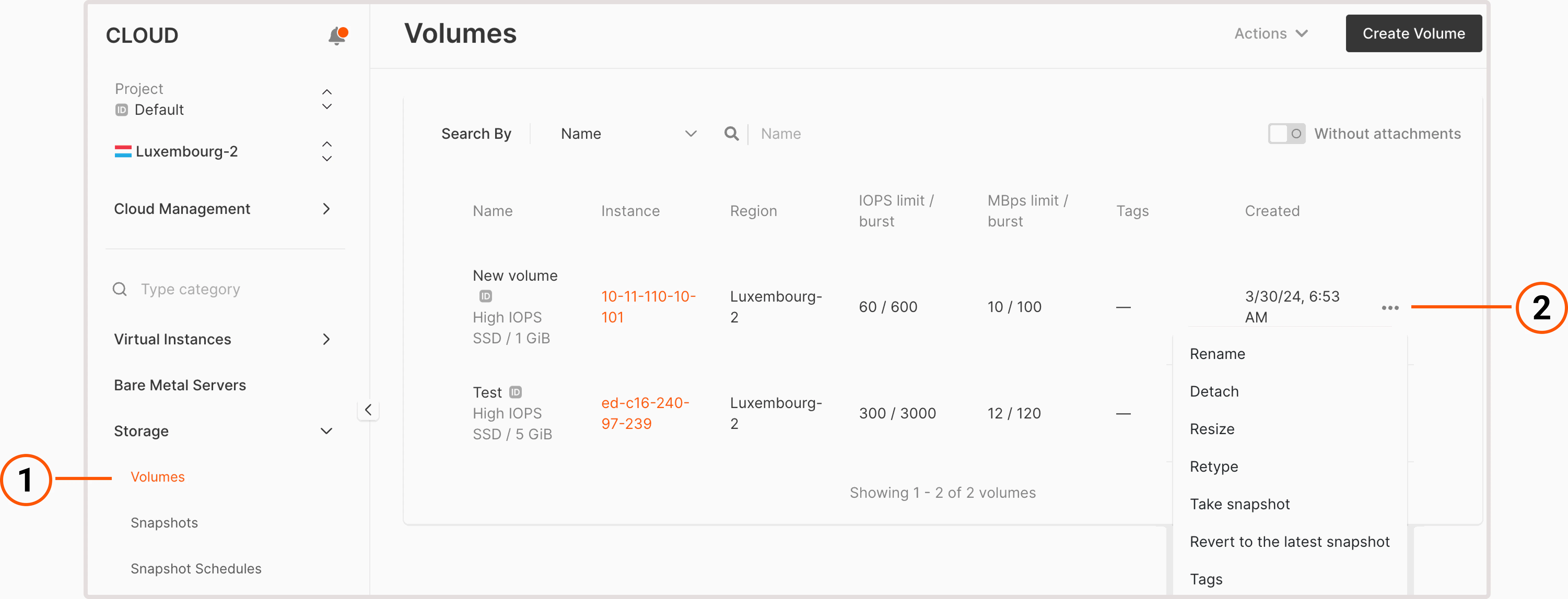 Volumes tab with expanded settings menu