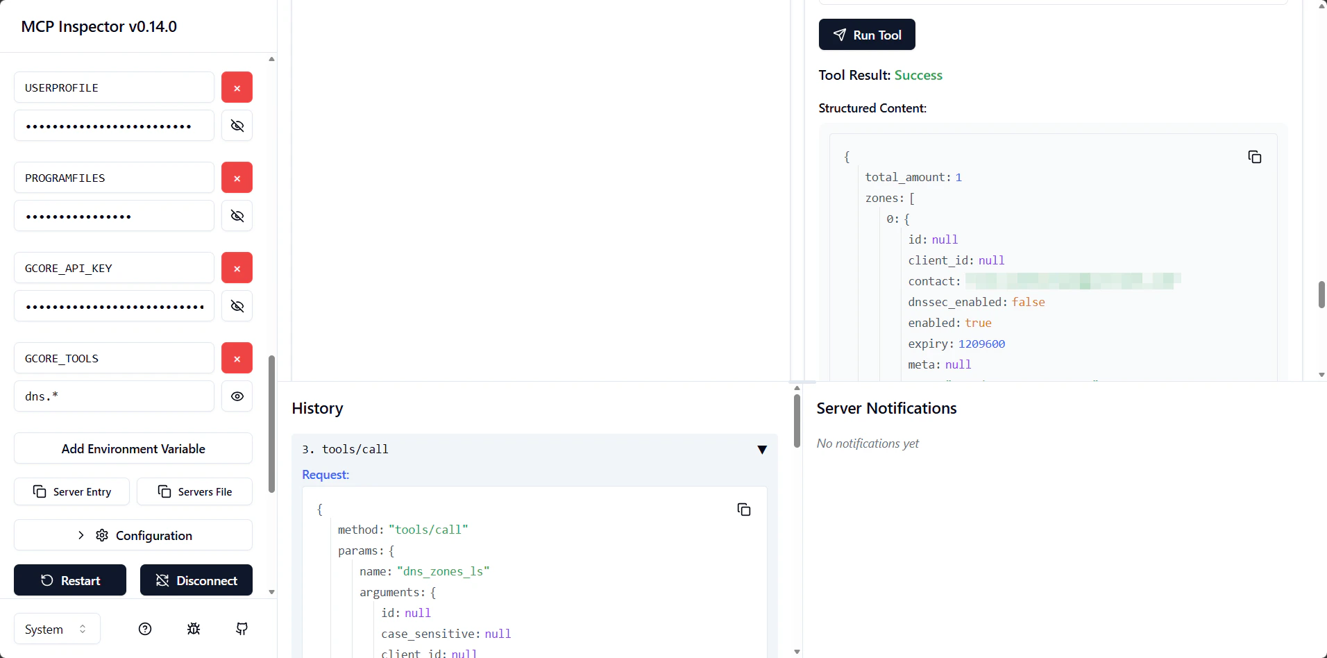 MCP Inspector showing dns_zones_ls tool execution with JSON response containing zone details