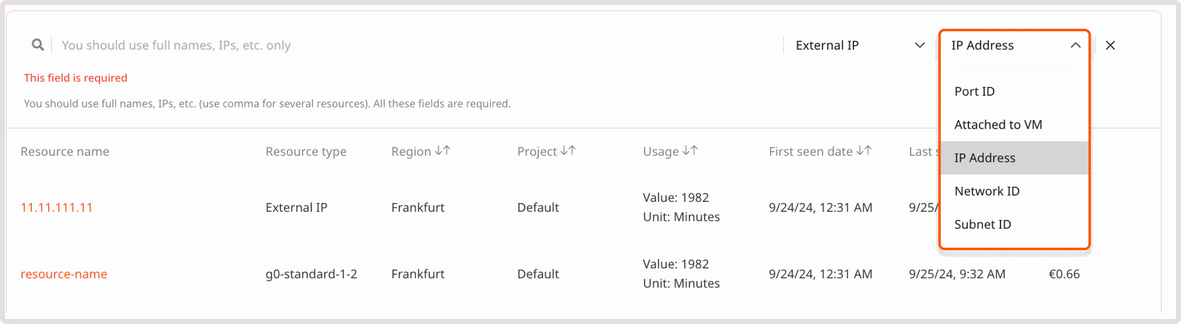 Resource attribute dropdown with IP Address selected