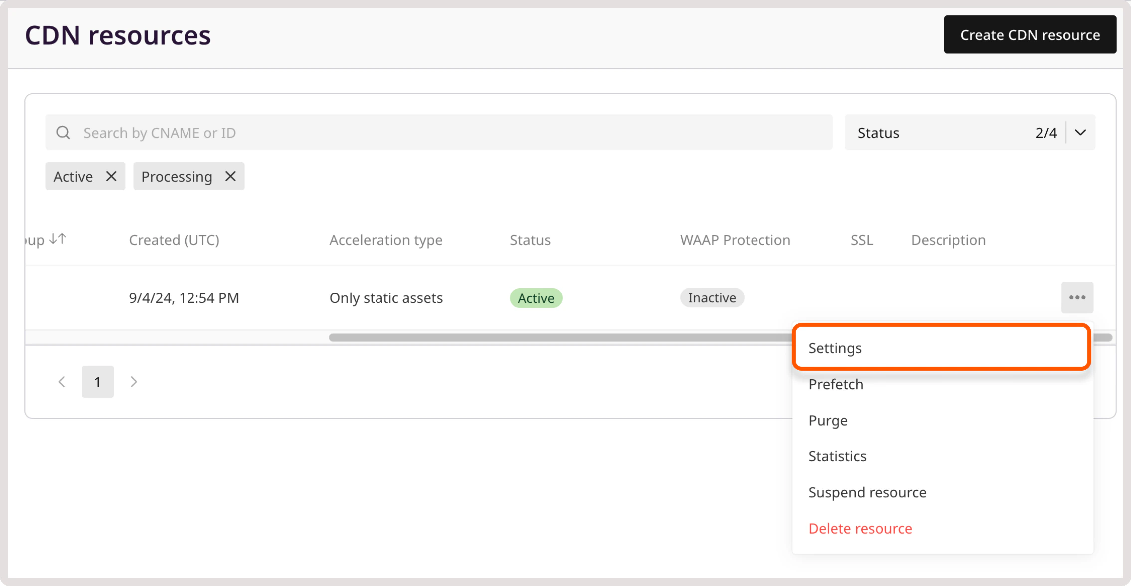 CDN resources page with resource settings context menu