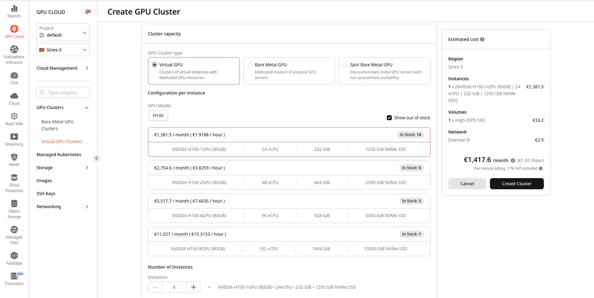 Cluster capacity section with GPU cluster type selection and available flavors