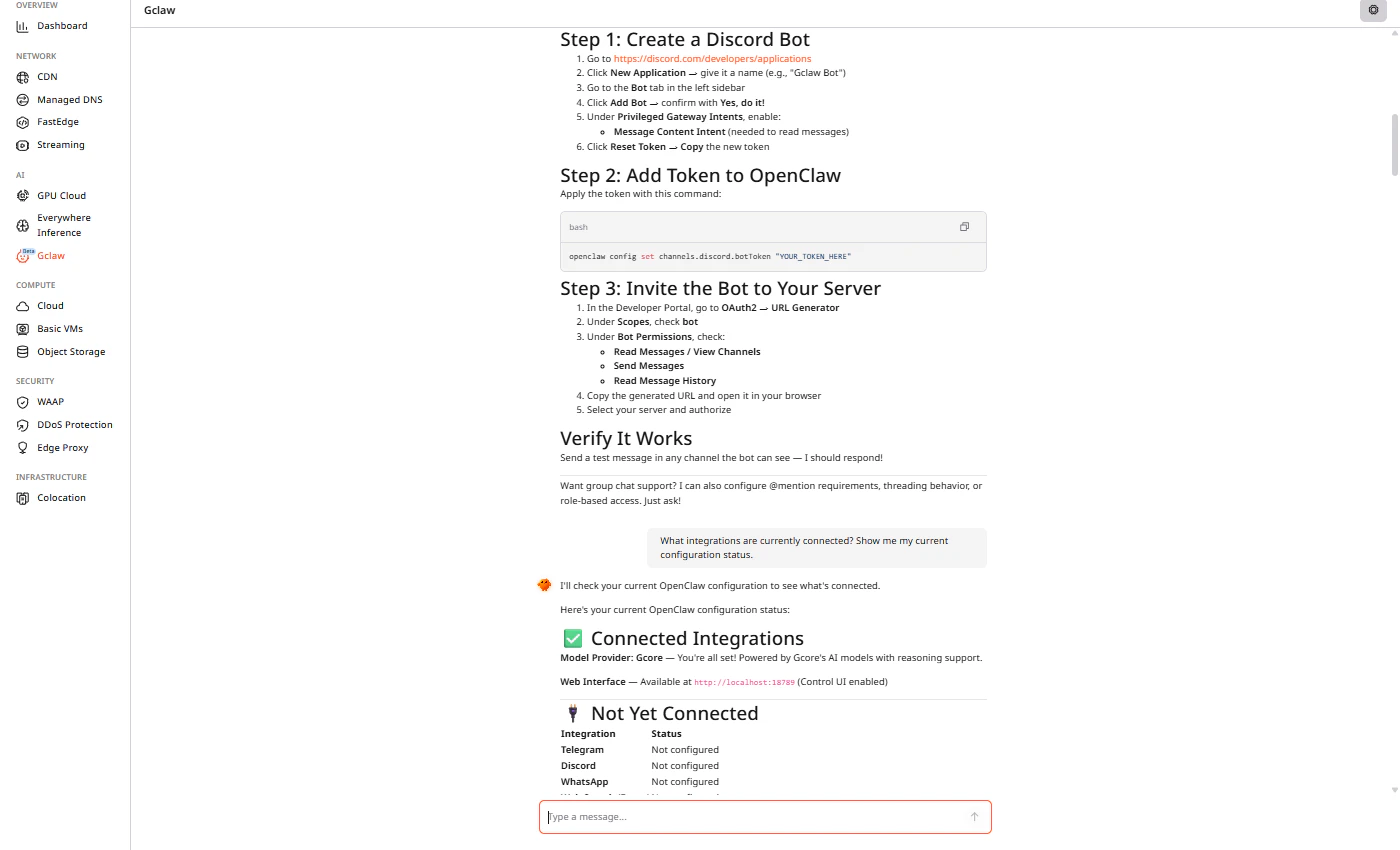 Gclaw providing Discord connection instructions