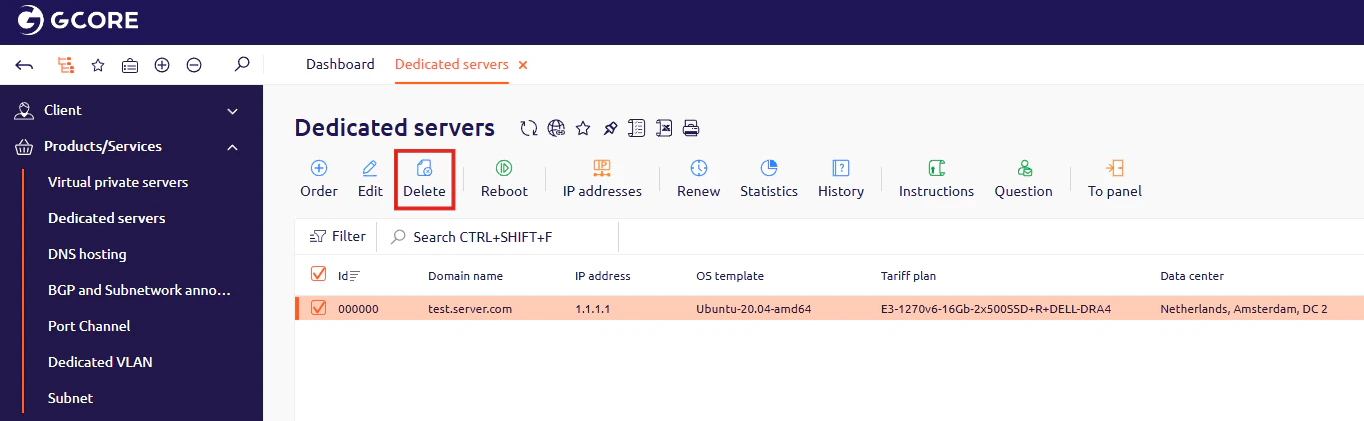 Delete a Dedicated Server