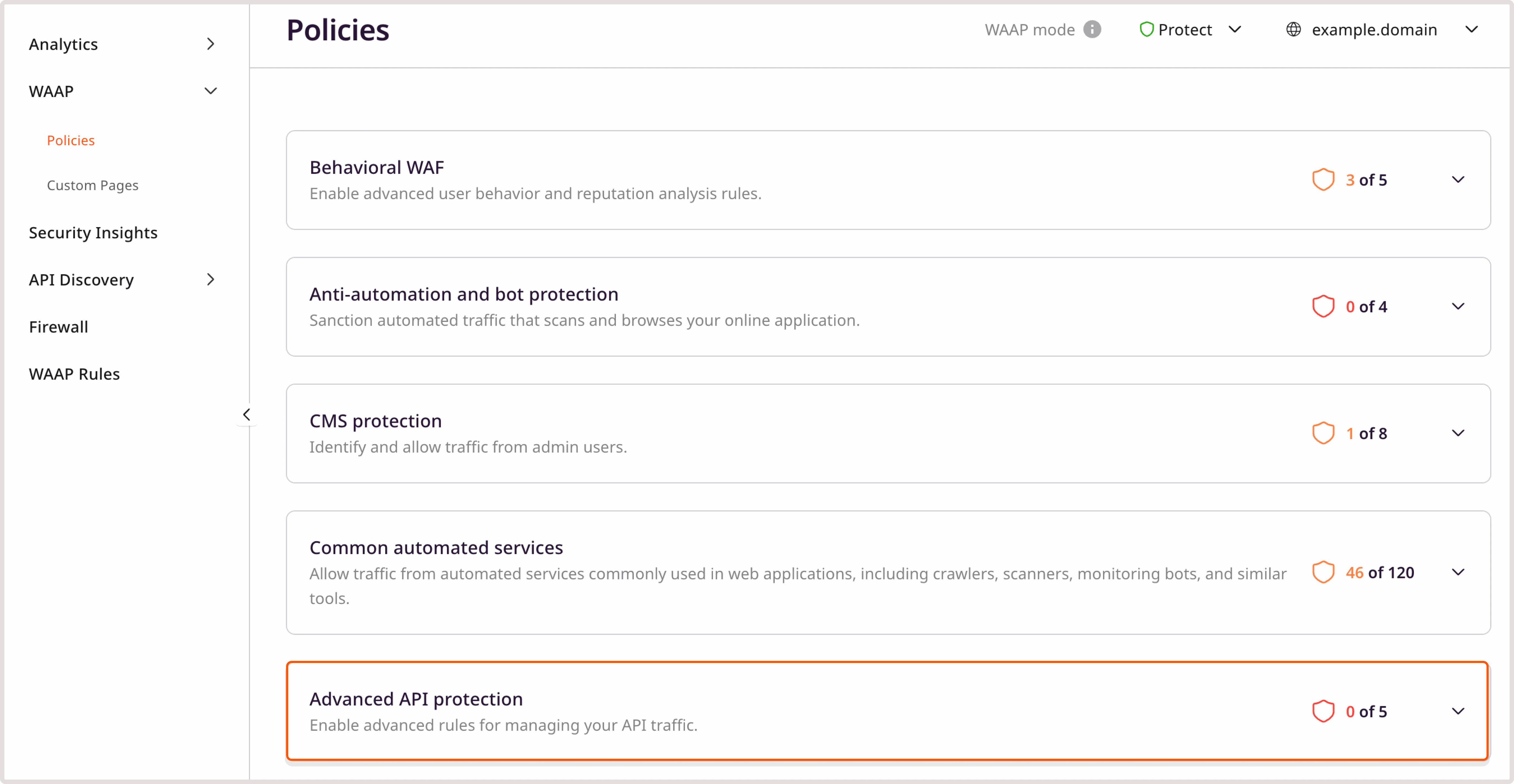 WAAP policies page with the highlighted advanced AIP protection policy
