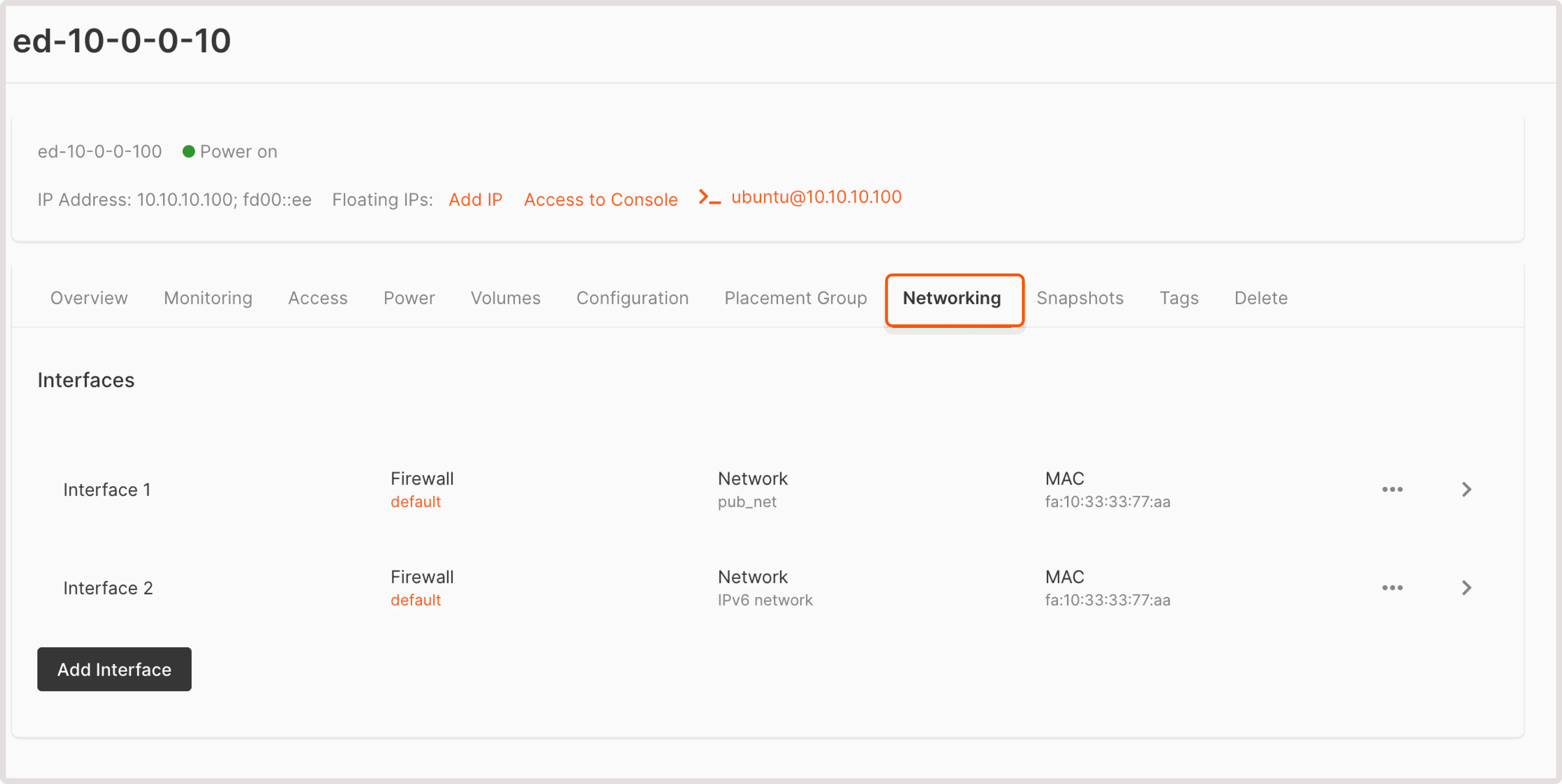 Networking tab in the VM settings