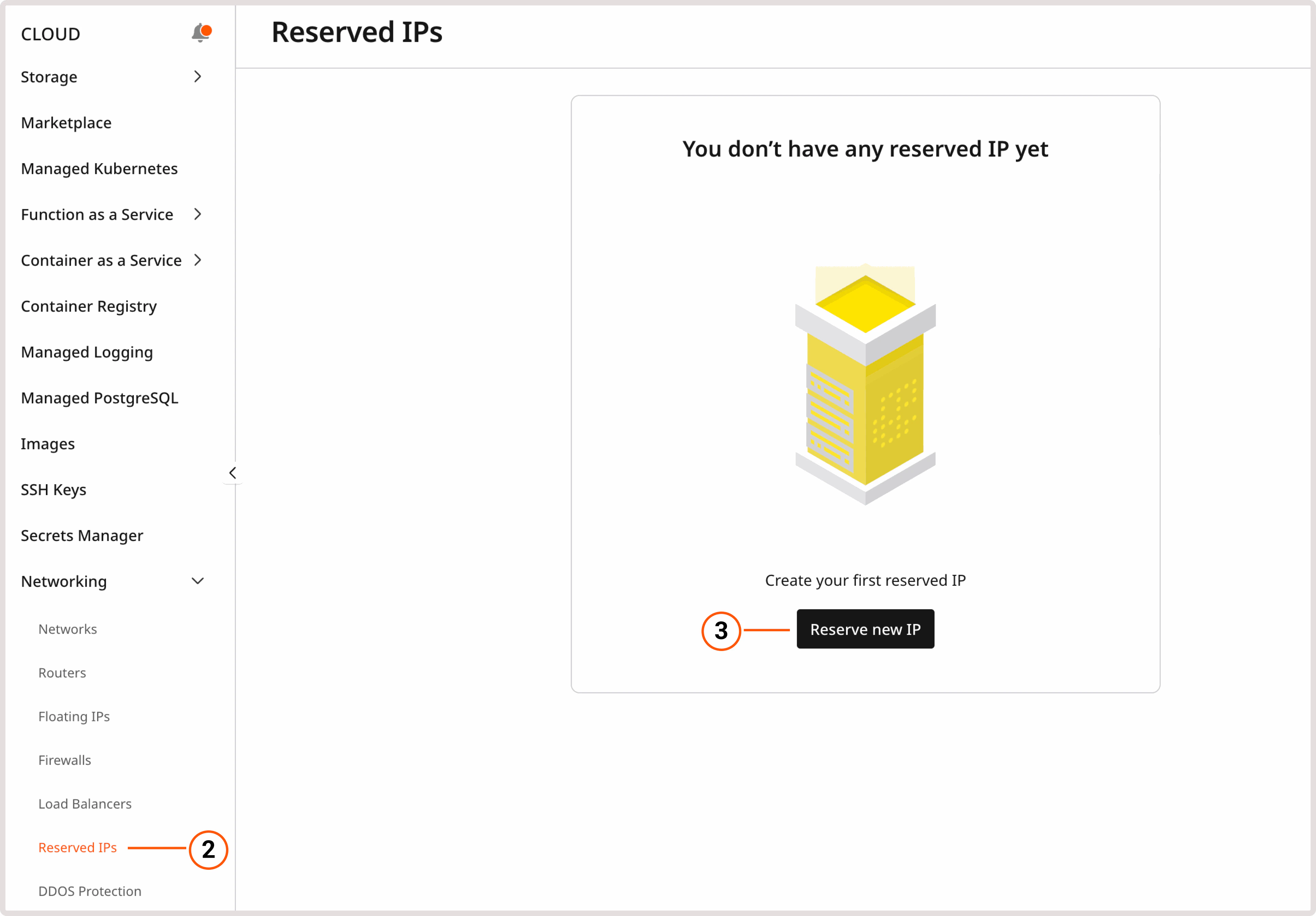 Reserved IPs page in the Customer Portal