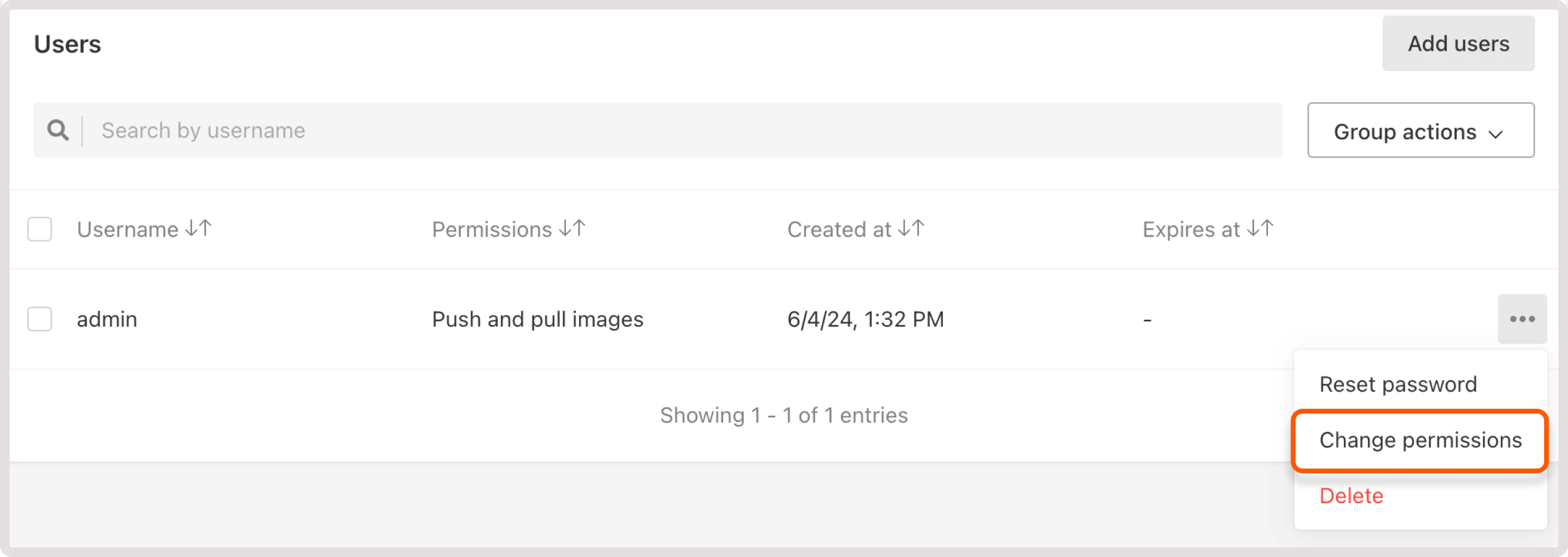 Users settings with the highlighted change permissions button