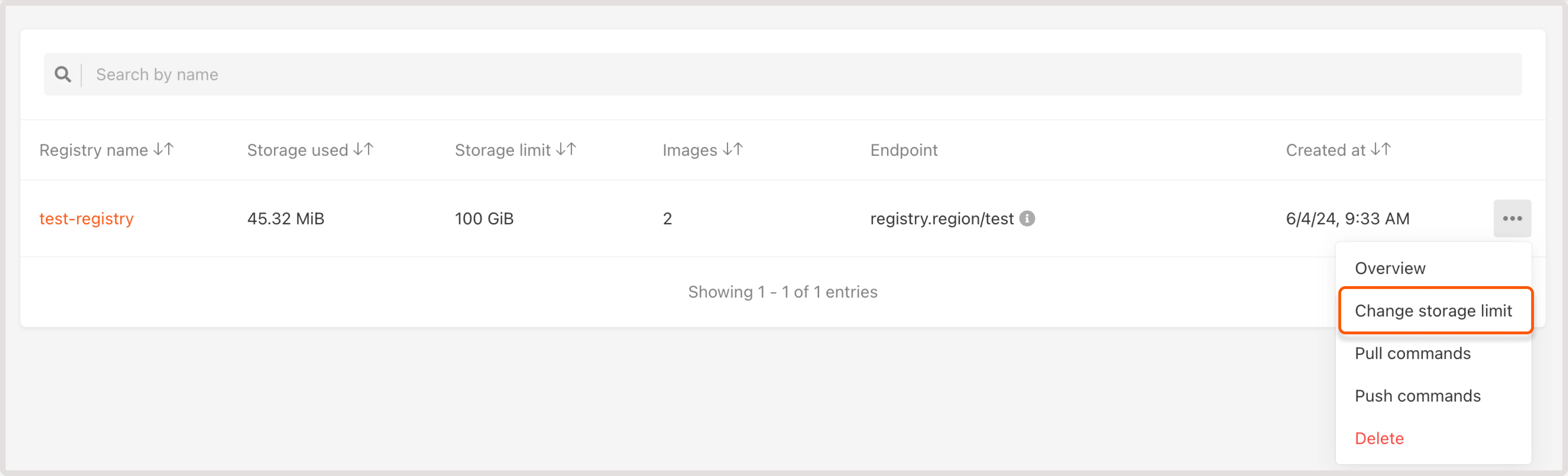 Container registry settings with change limit button highlighted