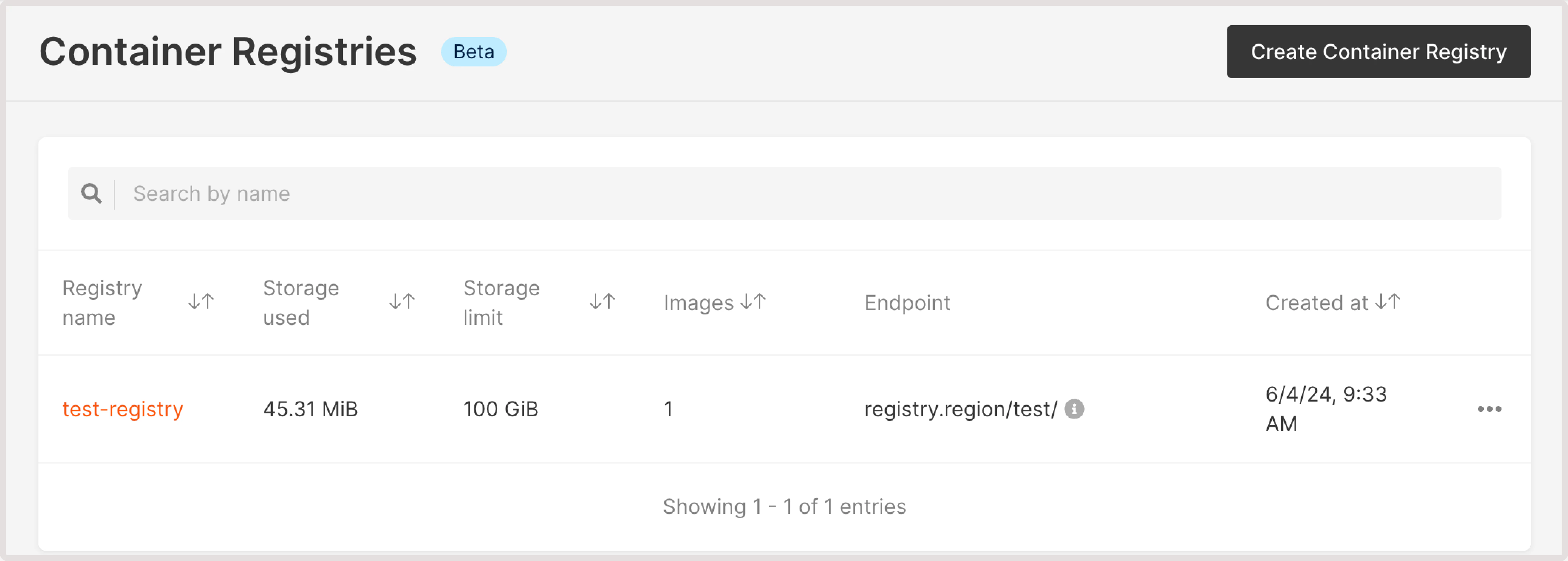 Container registry page in the Customer Portal