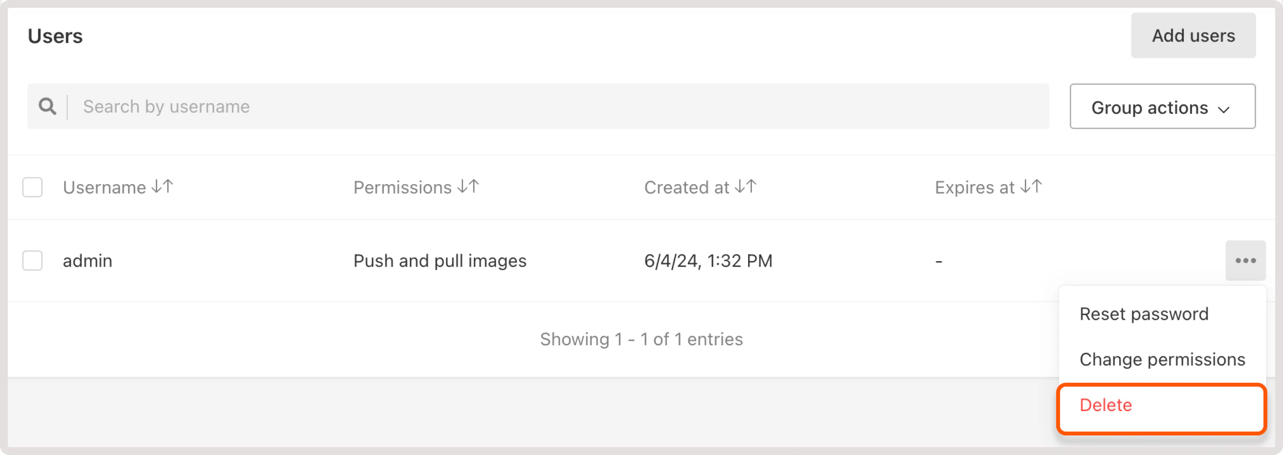 Users settings with the highlighted delete button