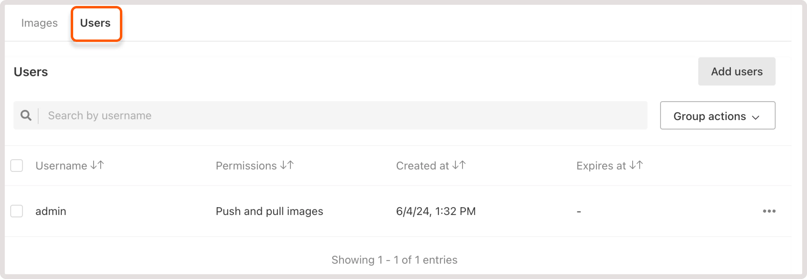 Users tab in the registry overview