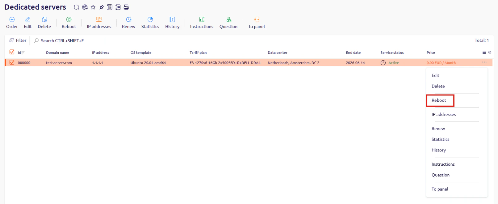The Dedicated servers list in the Control Panel with the context menu open and the Reboot option highlighted
