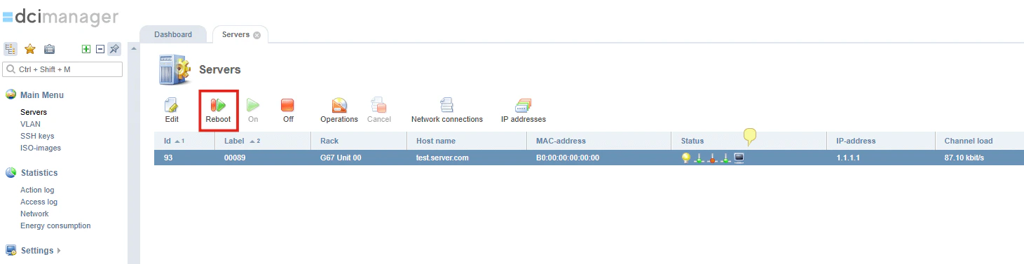 The Servers list in DCImanager with a server selected and the Reboot button visible in the toolbar