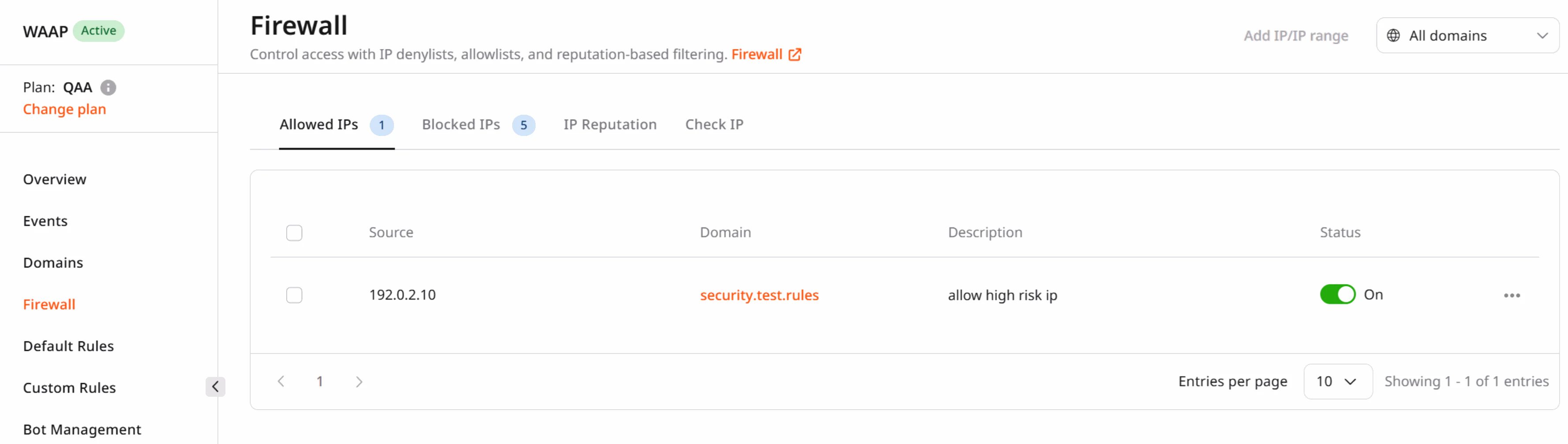 Firewall page in the Customer Portal