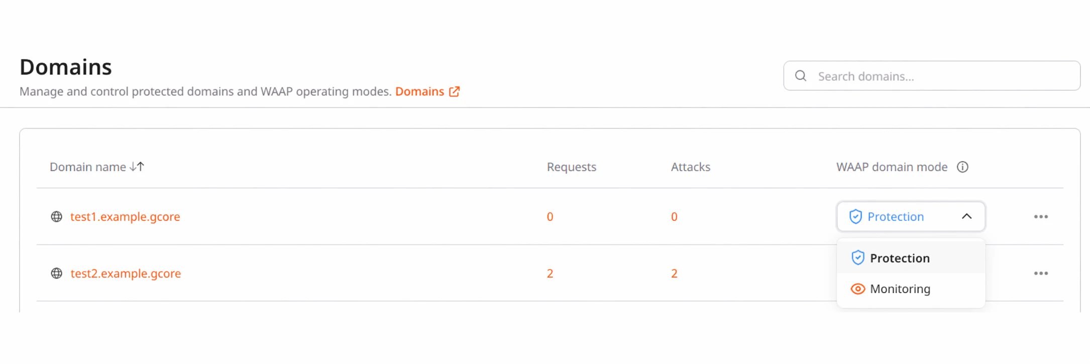 WAAP modes dropdown on Domains page